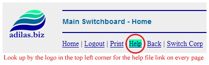 Look in the page header to find the help file for every page within the Adilas.biz application.
